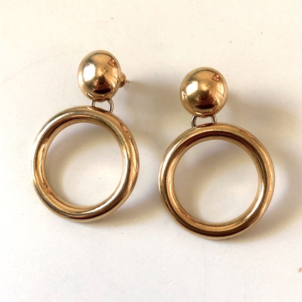 Vintage MONET Gold Tone Ball Drop Hoop Earrings